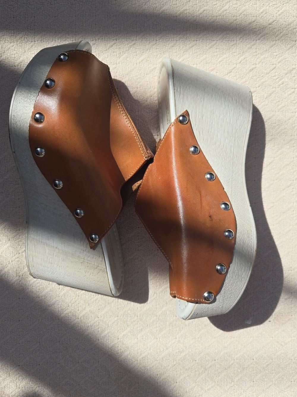 Italian Made Y2K Boho Studded Leather Wood Wedge Sandals Platform Slides